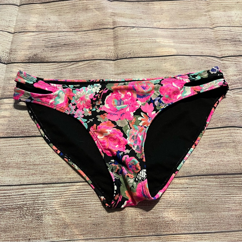 Pink Floral Bikini Brief Bottoms with Cut Outs on Hip, Size Juniors L 11-13